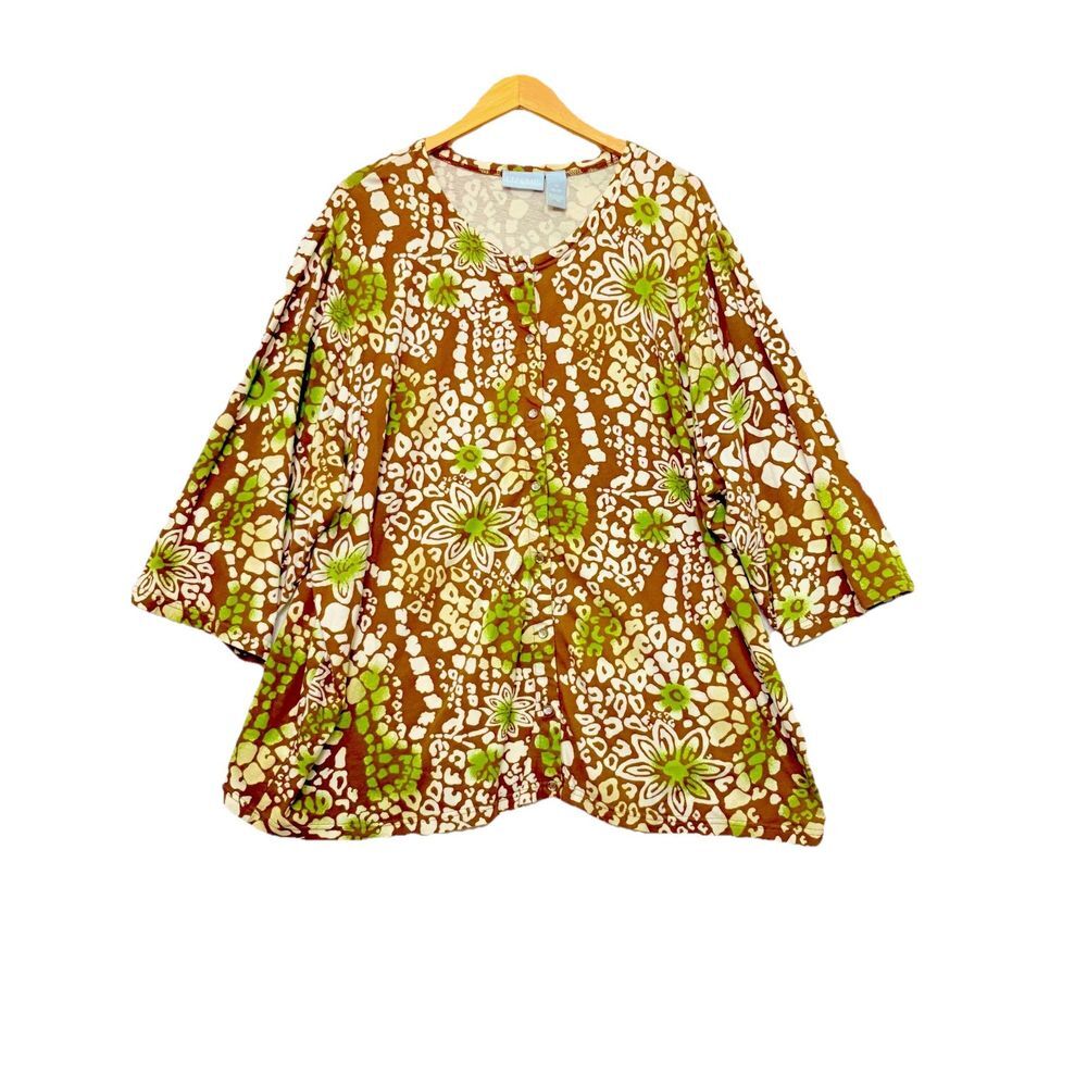 Liz and Me Tunic Womens 3X Floral Button Cotton Artsy Stretch 3/4 Sleeve Top‎